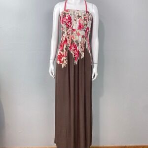 Soma Vanessa Floral Maxi Dress Size M Coral Brown Strapless Knit Resort Boho Y2K